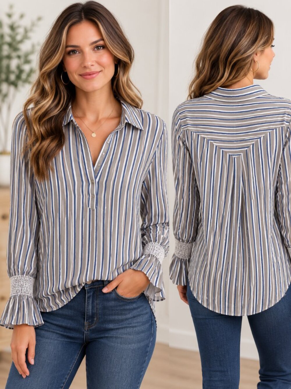 Laundry by Shelli Segal Size 2 Blue Gray Striped Smocked Cuff Blouse